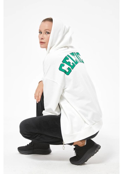 Kadın Kanguru Cepli Kapüşanlu Fermuarlı Sweatshirt Ekru ZN5084