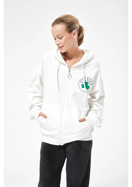 Kadın Kanguru Cepli Kapüşanlu Fermuarlı Sweatshirt Ekru ZN5084 fiyatları