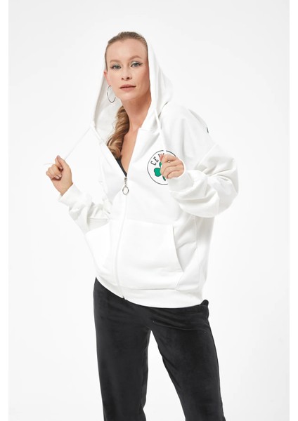 Kadın Kanguru Cepli Kapüşanlu Fermuarlı Sweatshirt Ekru ZN5084 modelleri