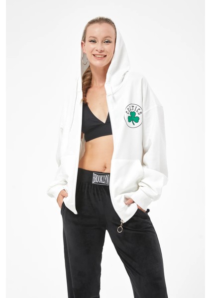 Kadın Kanguru Cepli Kapüşanlu Fermuarlı Sweatshirt Ekru ZN5084 fırsatları