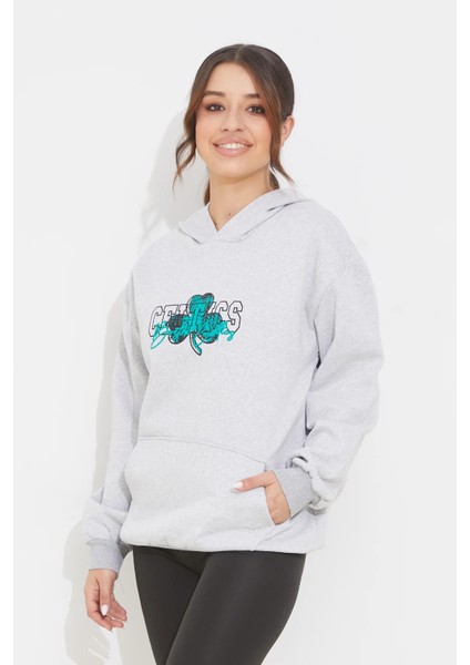 Kadın Baskılı Kapüşonlu Cepli Sweatshirt Gri ZN5046