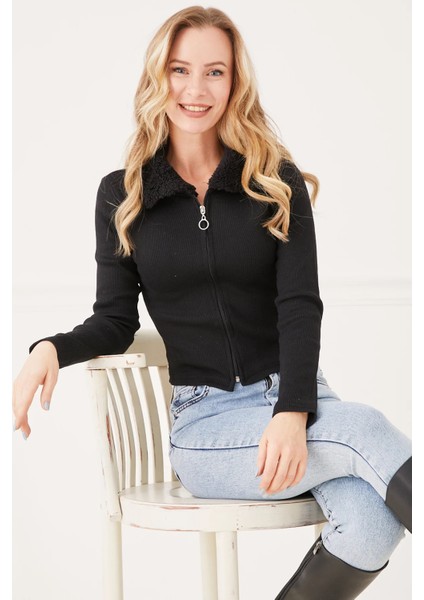 Kadın Yakası Peluşlu Fermuarlı Sweatshirt Siyah ZN5117 fiyatları