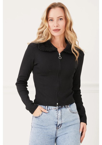 Kadın Yakası Peluşlu Fermuarlı Sweatshirt Siyah ZN5117 modelleri