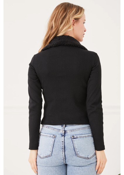 Kadın Yakası Peluşlu Fermuarlı Sweatshirt Siyah ZN5117 fırsatları