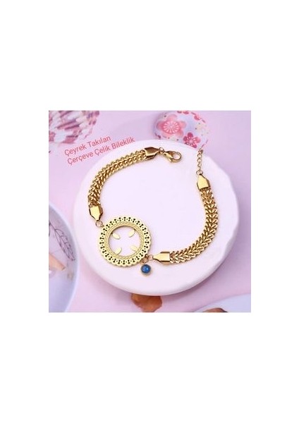 Z&d Accessory 316L Gold Çeyrek Takılan Çerçeveli Çelik Bileklik