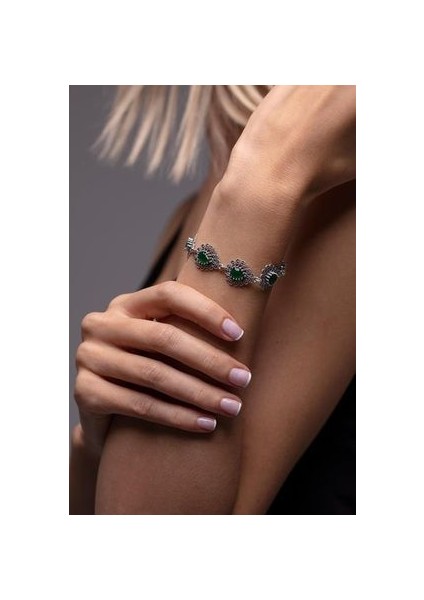 Sıralı Damla Model Zümrüt Taşlı Telkari El Işçiliği Gümüş Bileklik