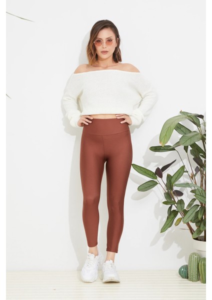 Kadın Yüksek Bel Esnek Spor Tayt Kahve ZN5121