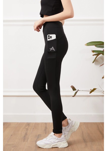 Kadın Cepli Fosfor Detaylı Tayt Siyah ZN5054