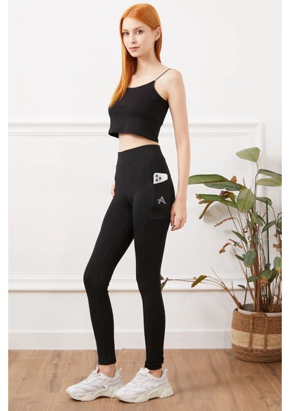 Kadın Cepli Fosfor Detaylı Tayt Siyah ZN5054 modelleri