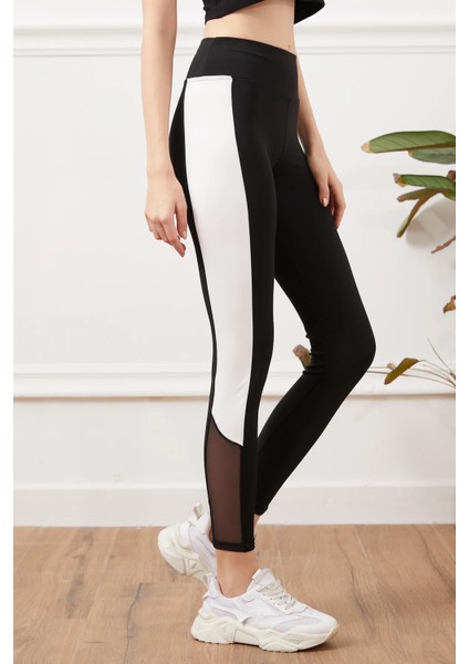 Kadın Kalın Şeritli Fileli Tayt Siyah - Beyaz ZN5082 fiyatları