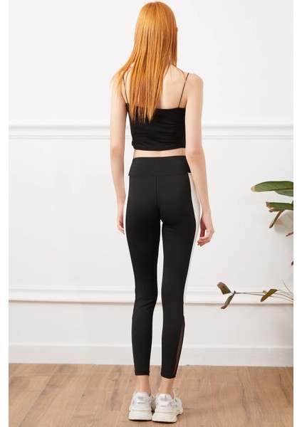 Kadın Kalın Şeritli Fileli Tayt Siyah - Beyaz ZN5082 modelleri