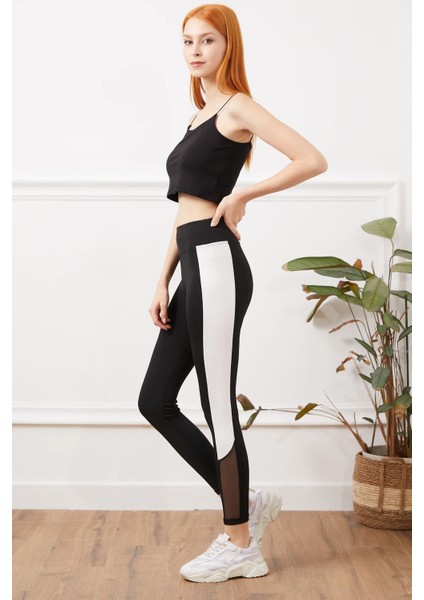 Kadın Kalın Şeritli Fileli Tayt Siyah - Beyaz ZN5082 fırsatları