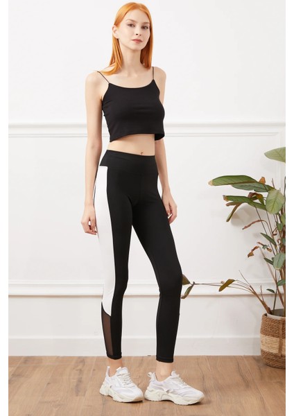 Kadın Kalın Şeritli Fileli Tayt Siyah - Beyaz ZN5082 indirimleri