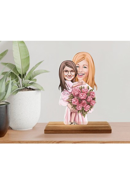 Kişiye Özel Anne Kız Karikatürlü Ahşap Standlı Pleksi Biblo fiyatları