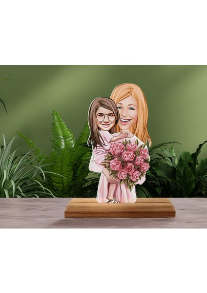 Kişiye Özel Anne Kız Karikatürlü Ahşap Standlı Pleksi Biblo modelleri