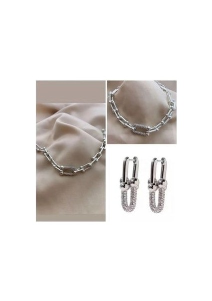 Marka Model Çelik Sılver Kolye Küpe Bileklik Set
