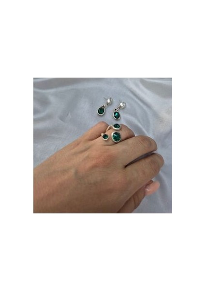 Yeşil Taşlı Gümüş Set Kristal Ayarlanabilir Yüzük ve Küpe Seti fiyatları