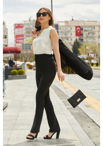 Kadın Çizgili Kumaş Pantolon Siyah ZN5123