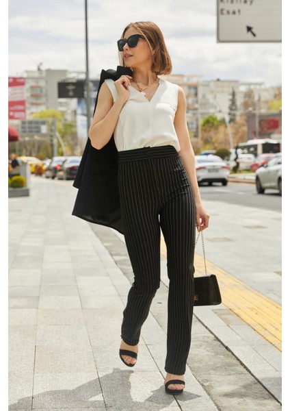 Kadın Çizgili Kumaş Pantolon Siyah ZN5123