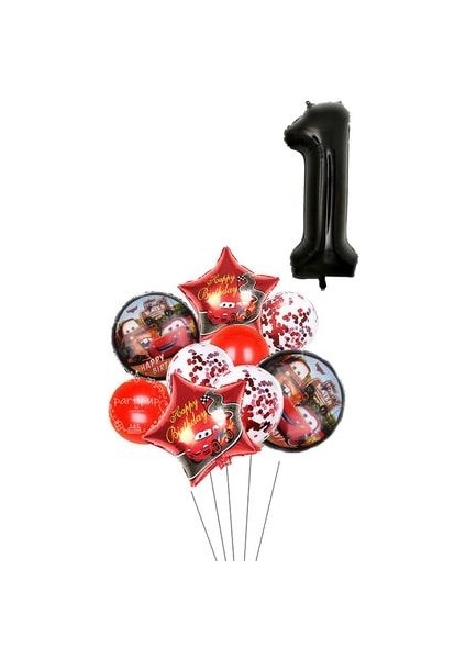 1 Yaş Siyah Rakam Balonlu Şimşek Mcqueen Balon Seti Arabalar (Cars) Konfetili Şeffaf Balon