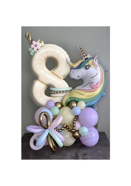 Unicorn Balon Unicorn Tema Krem Rakam Balonlu Makaron Gökkuşağı Set (1-9 Arası Yaş Seçimli)