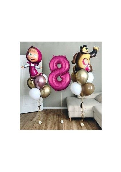 Lisanslı Büyük Boy Maşa ile Koca Ayı Balon Seti Maşa Balon 100CM Rakam Balon