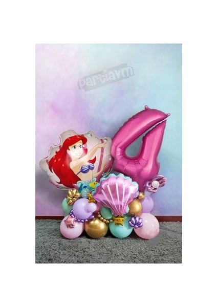 Little Mermaid Ariel Küçük Deniz Kızı Balon Buketi Fuşya Rakam Balon