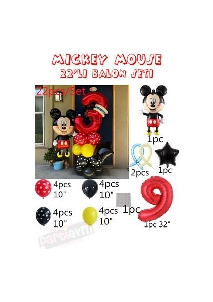 Kırmızı Rakam Balonlu Mickey Mouse Balon Seti Mini Miki Fare Temalı fiyatları