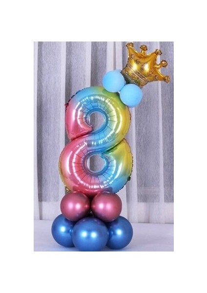 Rakam Balon Karşılama Seti 8 Yaş Gökkuşağı Renkleri Rakam Balon Altın Taçlı 8 Rakamlı Balon