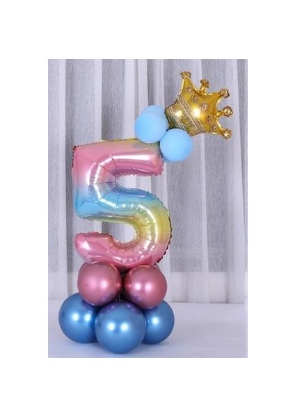 Rakam Balon Karşılama Seti 5 Yaş Gökkuşağı Renkleri Rakam Balon Altın Taçlı 5 Rakamlı Balon
