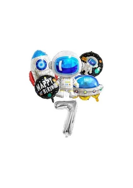 Astronot Roket Uzay Gemisi Ufo Temalı Gümüş Rakamlı Balon Seti