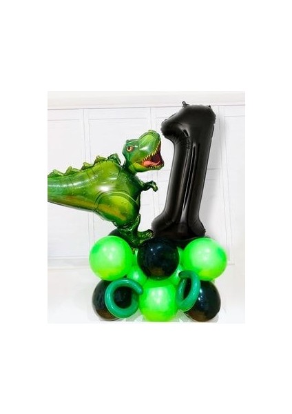 Dinozor Temalı Balon Set Siyah 1 Yaş Rakamlı Balon Dinozor Jurassic Park Teması