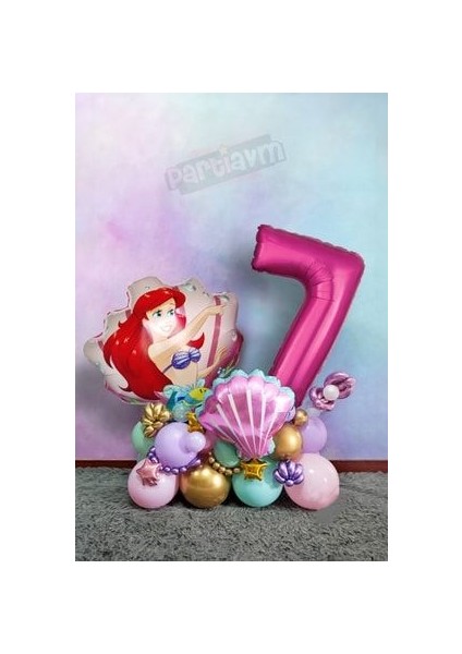 Little Mermaid Ariel Küçük Deniz Kızı Balon Buketi Fuşya Rakam Balon