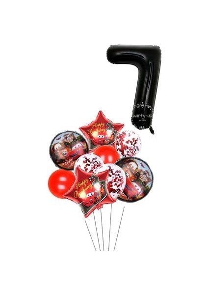 7 Yaş Siyah Rakam Balonlu Şimşek Mcqueen Balon Seti Arabalar (Cars) Konfetili Şeffaf Balon
