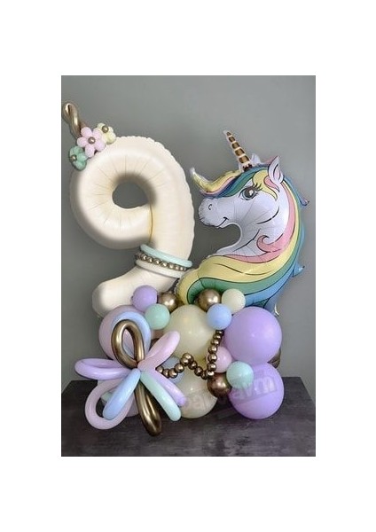 Unicorn Balon Unicorn Tema Krem Rakam Balonlu Makaron Gökkuşağı Set (1-9 Arası Yaş Seçimli)