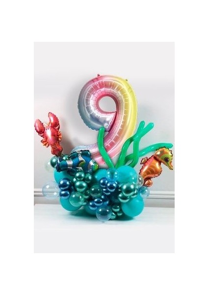 Deniz Canlıları Temalı Balon Buketi Renkli Rakam Balon Gökkuşağı Rakam Full Set (Videolu Anlatım)