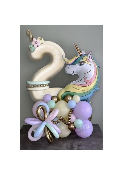 Unicorn Balon Unicorn Tema Krem Rakam Balonlu Makaron Gökkuşağı Set (1-9 Arası Yaş Seçimli)