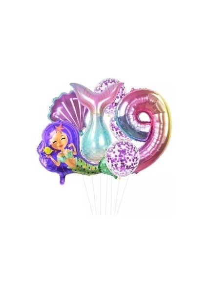 Deniz Kızı Kuyruğu Deniz Kabuğu 102CM Gökkuşağı Rakam Balon Pullu Şeffaf Balonlu Deniz Kızı Konsepti