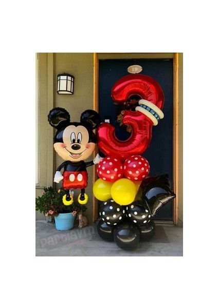 Kırmızı Rakam Balonlu Mickey Mouse Balon Seti Mini Miki Fare Temalı
