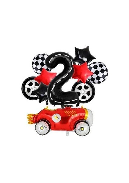 Vintage Race Car Siyah Yaş Rakam Balonlu Set Yarış Arabası Doğum Günü Kırmızı 10'lu Balon Set