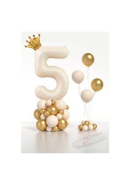Krem Rakam Balon Kral Taçlı Rakam Folyo Balon Set