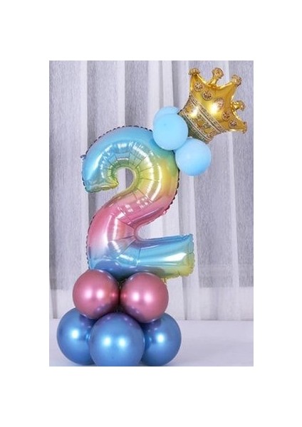 Rakam Balon Karşılama Seti 2 Yaş Gökkuşağı Renkleri Rakam Balon Altın Taçlı 2 Rakamlı Balon