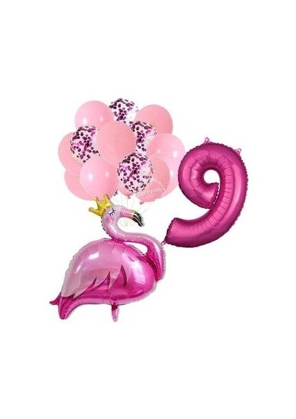 Flamingo Tema Fuşya Rakam Balon Fuşya Pullu Şeffaf Balon Buketi
