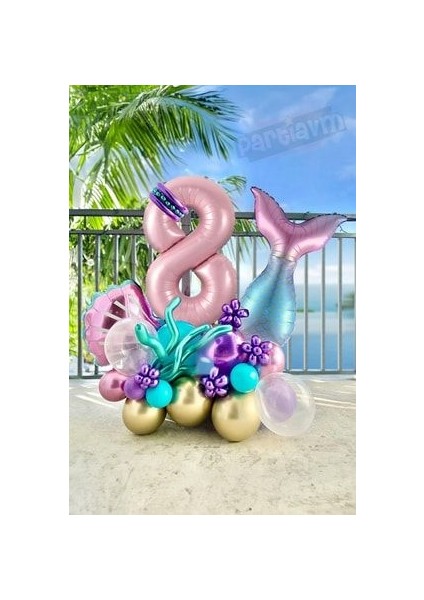 Deniz Kızı Balon Buketi Pembe Rakam Balon