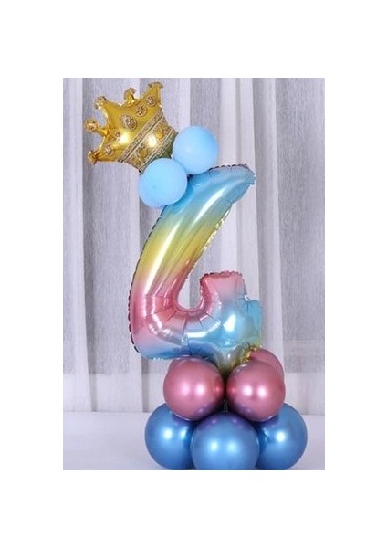 Rakam Balon Karşılama Seti 4 Yaş Gökkuşağı Renkleri Rakam Balon Altın Taçlı 4 Rakamlı Balon