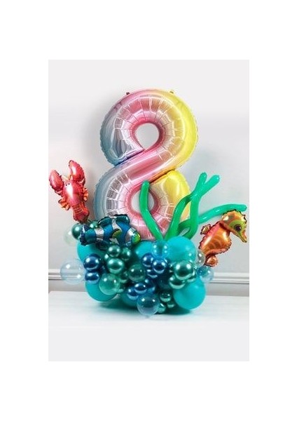 Deniz Canlıları Temalı Balon Buketi Renkli Rakam Balon Gökkuşağı Rakam Full Set (Videolu Anlatım)