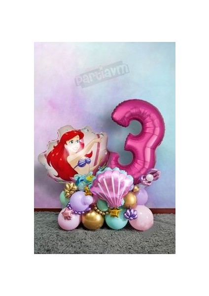 Little Mermaid Ariel Küçük Deniz Kızı Balon Buketi Fuşya Rakam Balon