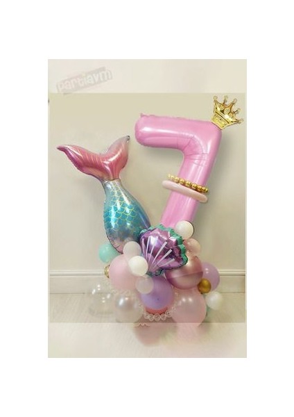 Deniz Kızı Balon Buketi Kraliçe Taçlı Pembe Rakam Balonlu Deniz Kabuğu Ful Set