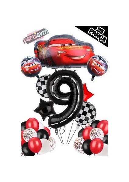 Siyah Rakam Balonlu Şimşek Mcqueen Balon Seti Arabalar (Cars) Konfetili Şeffaf Balon