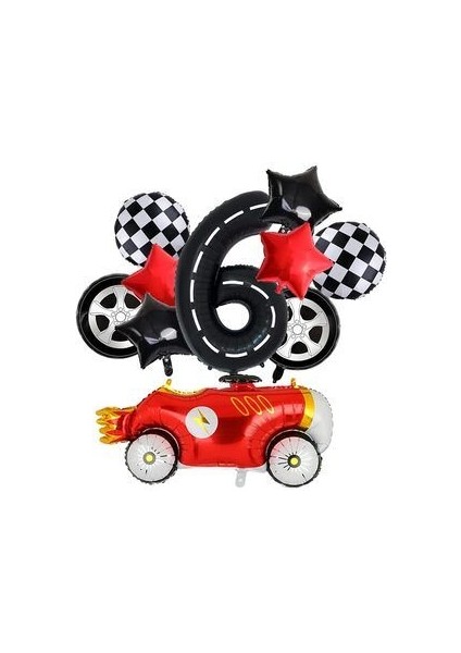 Vintage Race Car Siyah Yaş Rakam Balonlu Set Yarış Arabası Doğum Günü Kırmızı 10'lu Balon Set